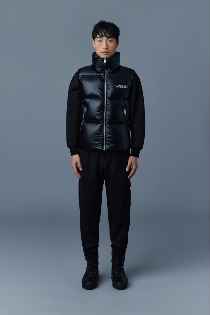 KANE lustrous light down vest with funnel collar